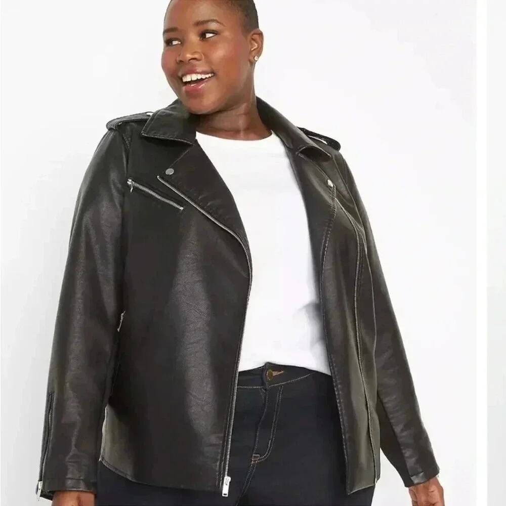 Lane Bryant Women's Jacket moto faux leather black bikercor streetwear plus size